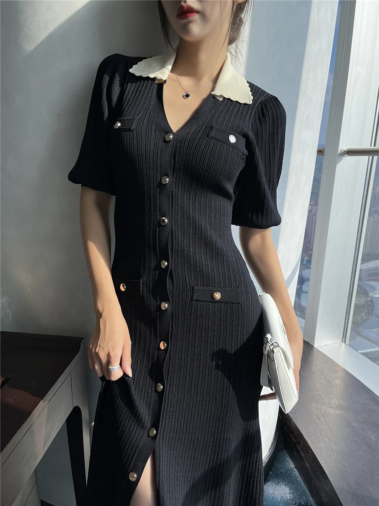 Autumn Elegant Knitted Dresses for Women Patchwork V-neck Puff Sleeve Single Breasted Midi Dress Fashion Ladies Vestidos Femme