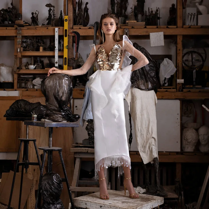 Dreamlike White Ruched Bridal Dresses Shiny Gold Sequin Ankle Length