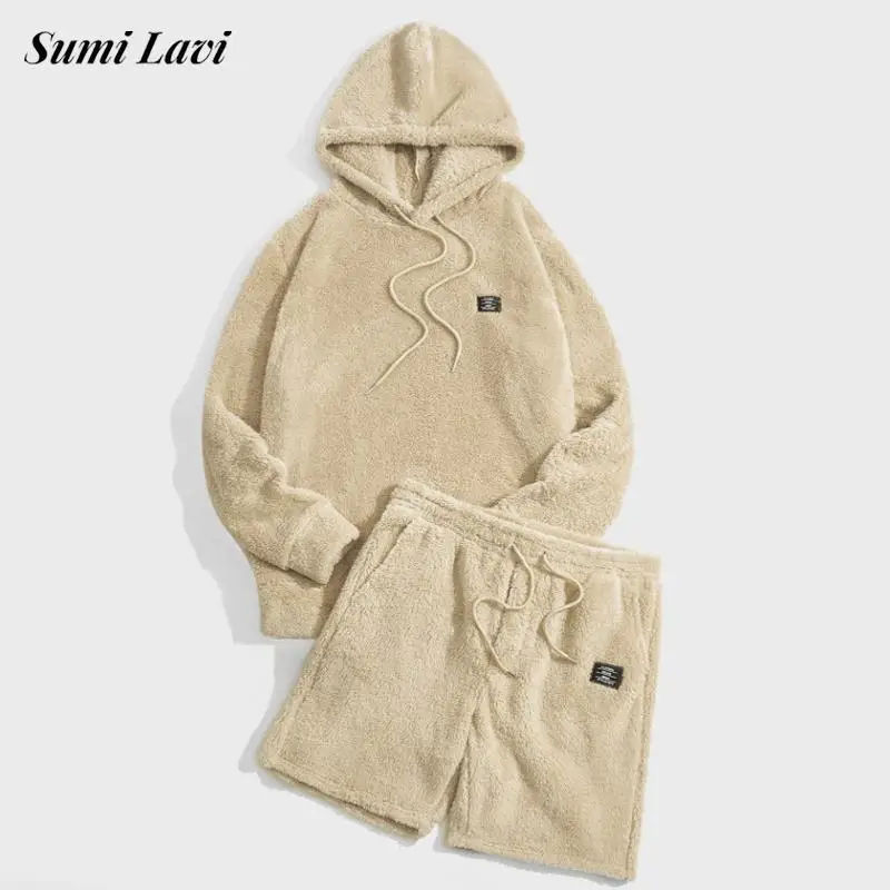 

New Casual Streetwear Mens Two Piece Sets Fleece Furry Loose Long Sleeve Hooded Sweatshirt And Shorts Sports Men Suits Outfits
