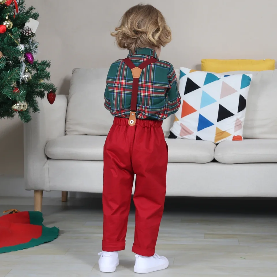 Ensemble De 2 Pièces Noël Pour Bébé Garçon - T-shirt Gentleman + Pantalon Solide - Motif Dessin Animé - Hiver