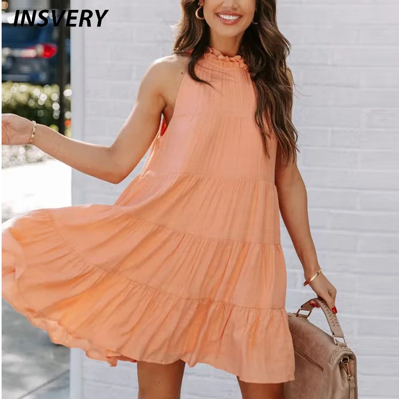 

Summer Mini Dress Women Sweet Pleated A-Line Loose Beach Party Dresses For Women Elegant Sleeveless Casual Sundress 2022