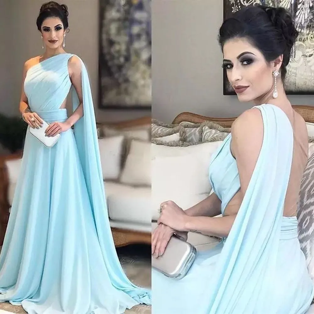 

Elegant Light Blue Mother of the Bride Dress One Shoulder Pleated Chiffon Long Saudi Arabic Prom Evening Gowns For Wedding Party