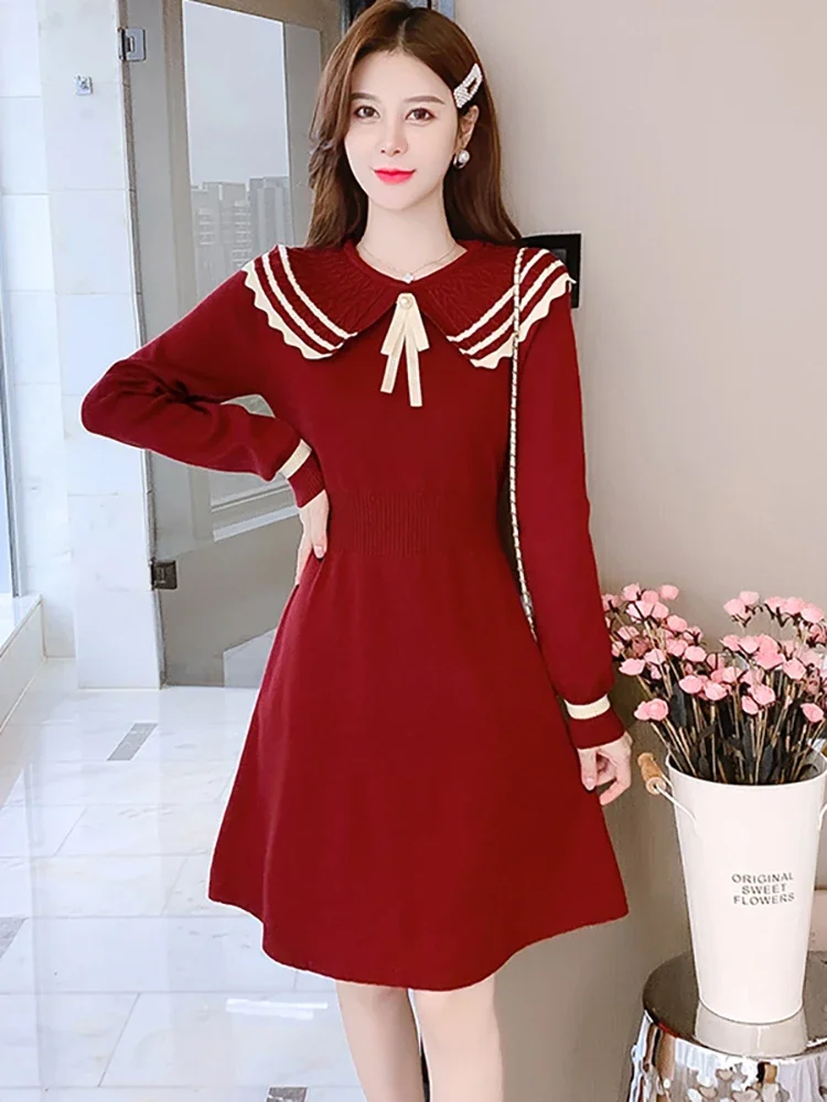 

Red Knitted Chic Bow Doll Collar Women's Dress Autumn Winter Long Sleeve Bodycon Sweater Dress 2023 Korean Elegant Casual Dress