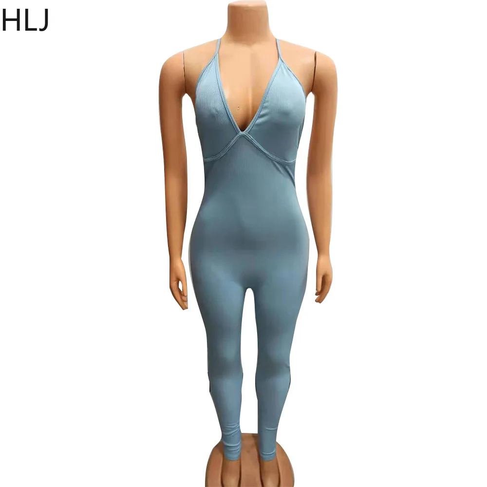 HLJ Sexy Ribber Bodycon Suspenders Jumpsuits Women Solid Color Sleeveless Slim Playsuits Casual Female Sporty One Piece Overalls