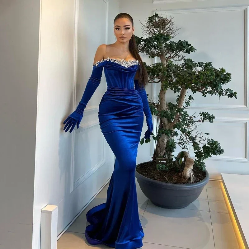 

Elegance Navy Blue Velvet Off The Shoulder Mermaid Prom Dress Saudi Arabia Long Sleeve Evening Dress Dubai Cocktail Party Gowns