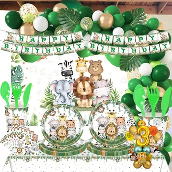 NEW Birthday Decorations Jungle Animal Theme Birthday Plates Tableware Napink Cups Number Balloons Set Banner Candy Box Backdrop