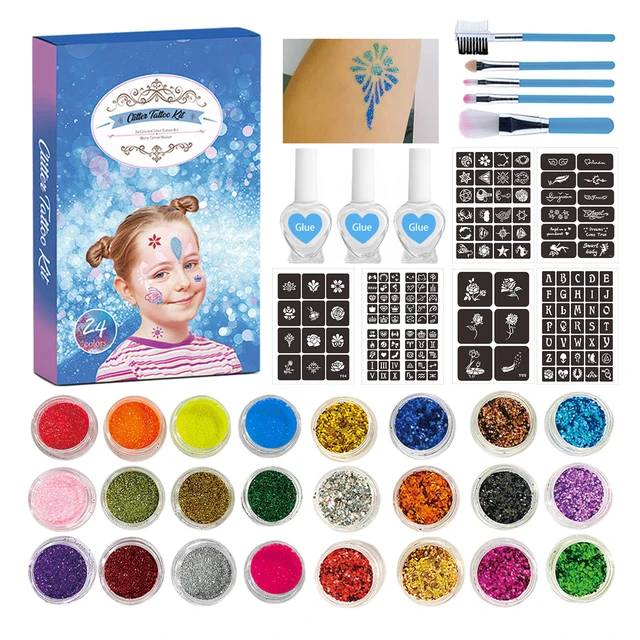 Temporary diamond glitter tattoo kit for kids, glitter powder, make-up  brush, tattoo glue, party face, body art kits, 30 colors - AliExpress