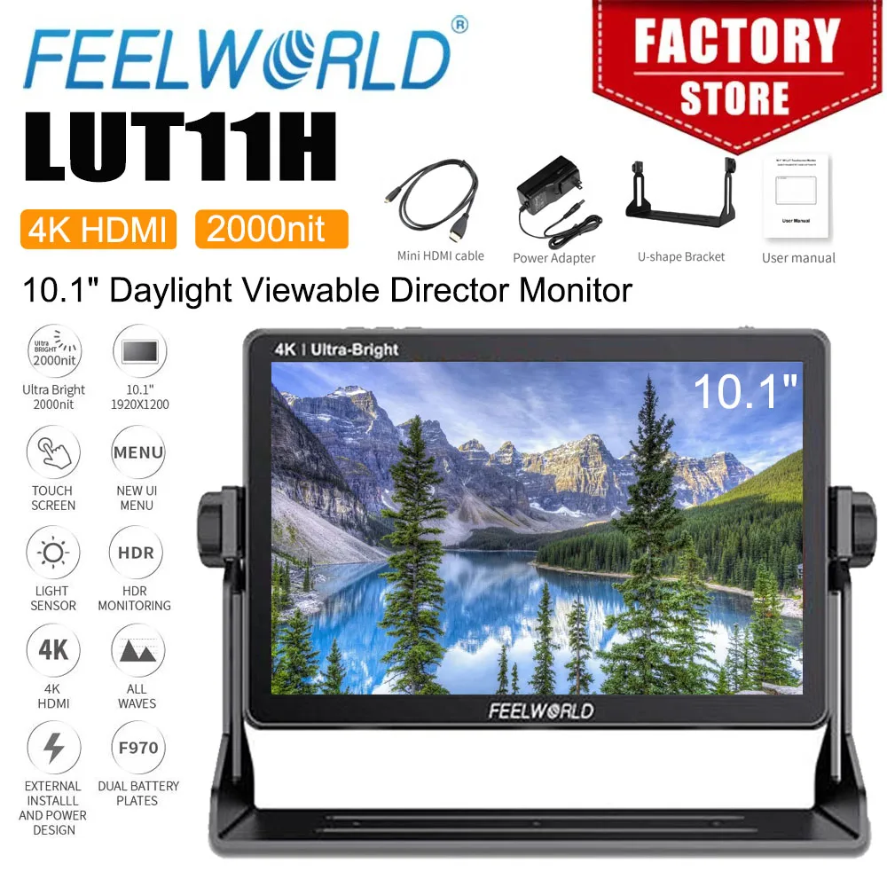 

FEELWORLD LUT11H 10.1 Inch DSLR Camera Field Monitor 2000nit Ultra Bright Touch Screen Full HD IPS 4K HDMI for Youtube Gimbal