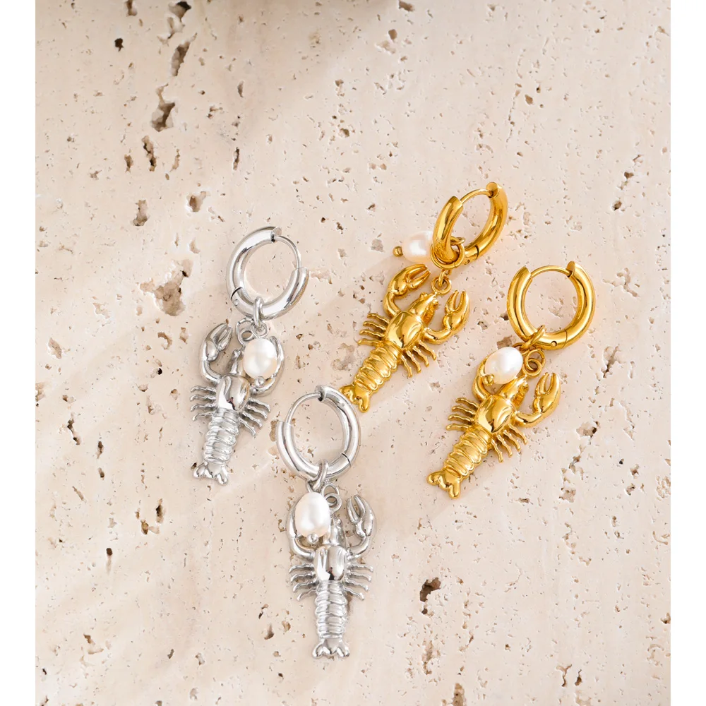 Yhpup Ocean Stainless Steel Crayfish Hoop Earrings Daily Wear