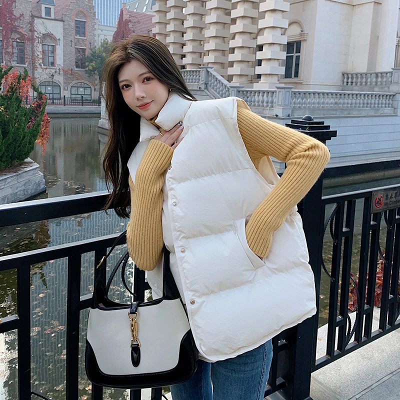 

Vest for Women 2022 Autumn and Winter Loose Solid Color Cotton Waistcoat Vest Stand-up Collar Single-breasted Women Vests Coat