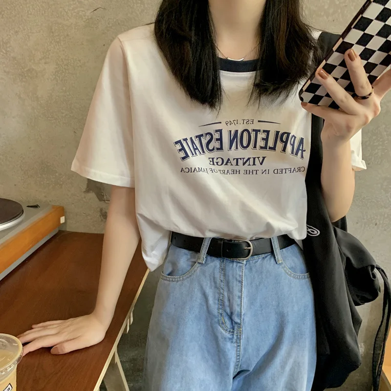 

2024 Summer New Korean Woman Streetwear Tshirts Casual White Blue Grey Short-sleeved T-shirt Letter Printed Women's Top
