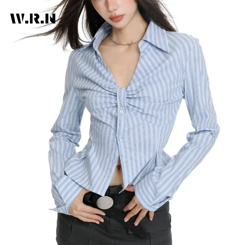 

2024 Spring Hotsweet Style Turn-down Collar Long Sleeve Coquette Female Blouses Women's Fashion Casual Gyaru Light Blue Shirts