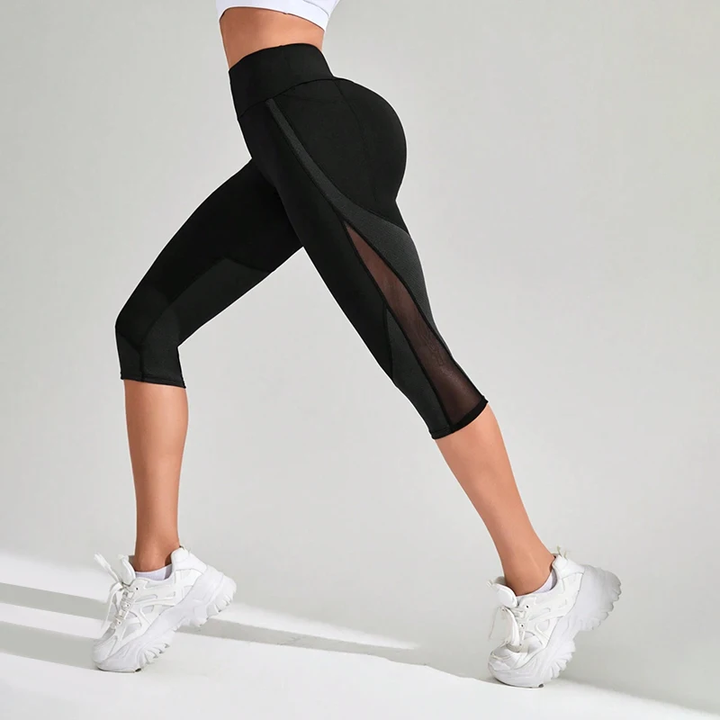 Mesh High Waist Yoga Pants Capri Leggings with Pockets for Women Tummy Control Workout Capri Leggings for Women sports leggings yoga pants