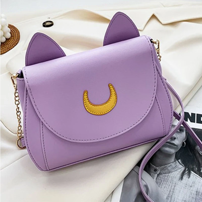 Women Shoulder Bag Crossbody Bag Sailor Moon Handbag Luna Cat Shape Chain PU Leather