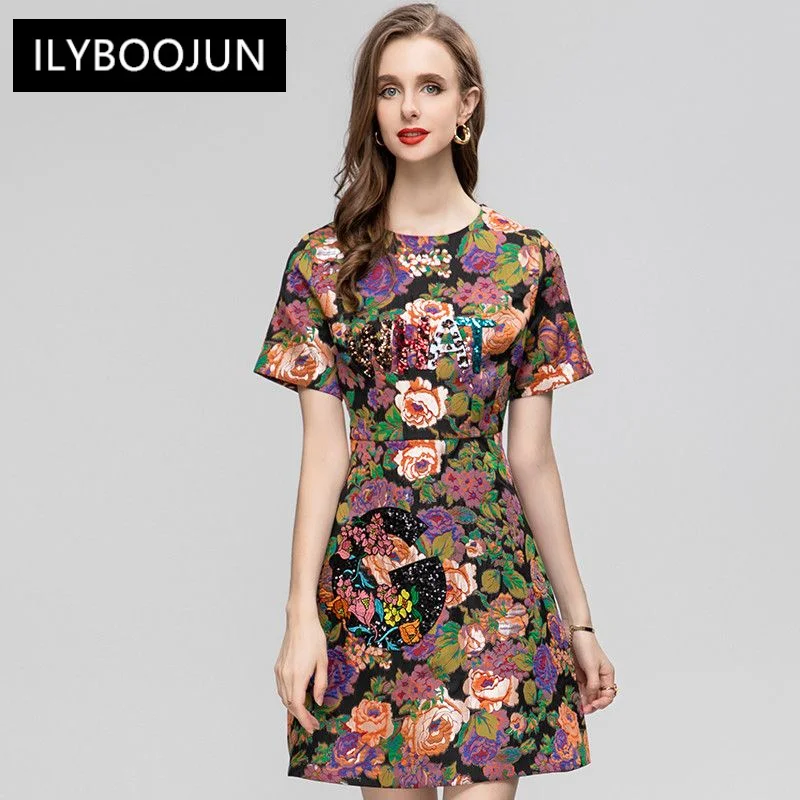 

Gedivoen Summer Fashion Runway Vintage Jacquard Dress Women O-neck Sequins Embroidery High Waist Holiday Party Mini Short Dress