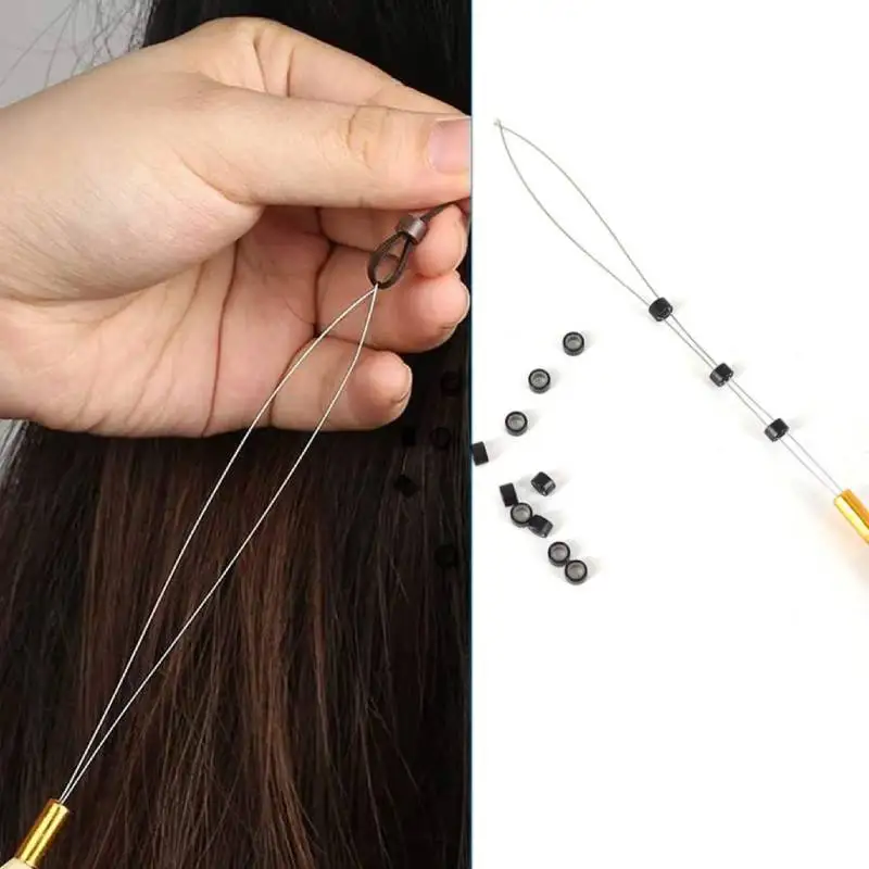 

1pcs Hair Extension Hook Pulling Tool Crochet Hook Loop Needle Threader Micro Rings Beads Loop Wooden Handle With Iron Wire