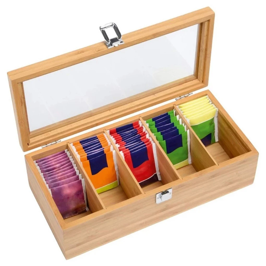 Multifunctional Bamboo System Tea Bag Jewelry Organizer Storage Box 5 Compartments Tea Box Organizer Sugar Container 3