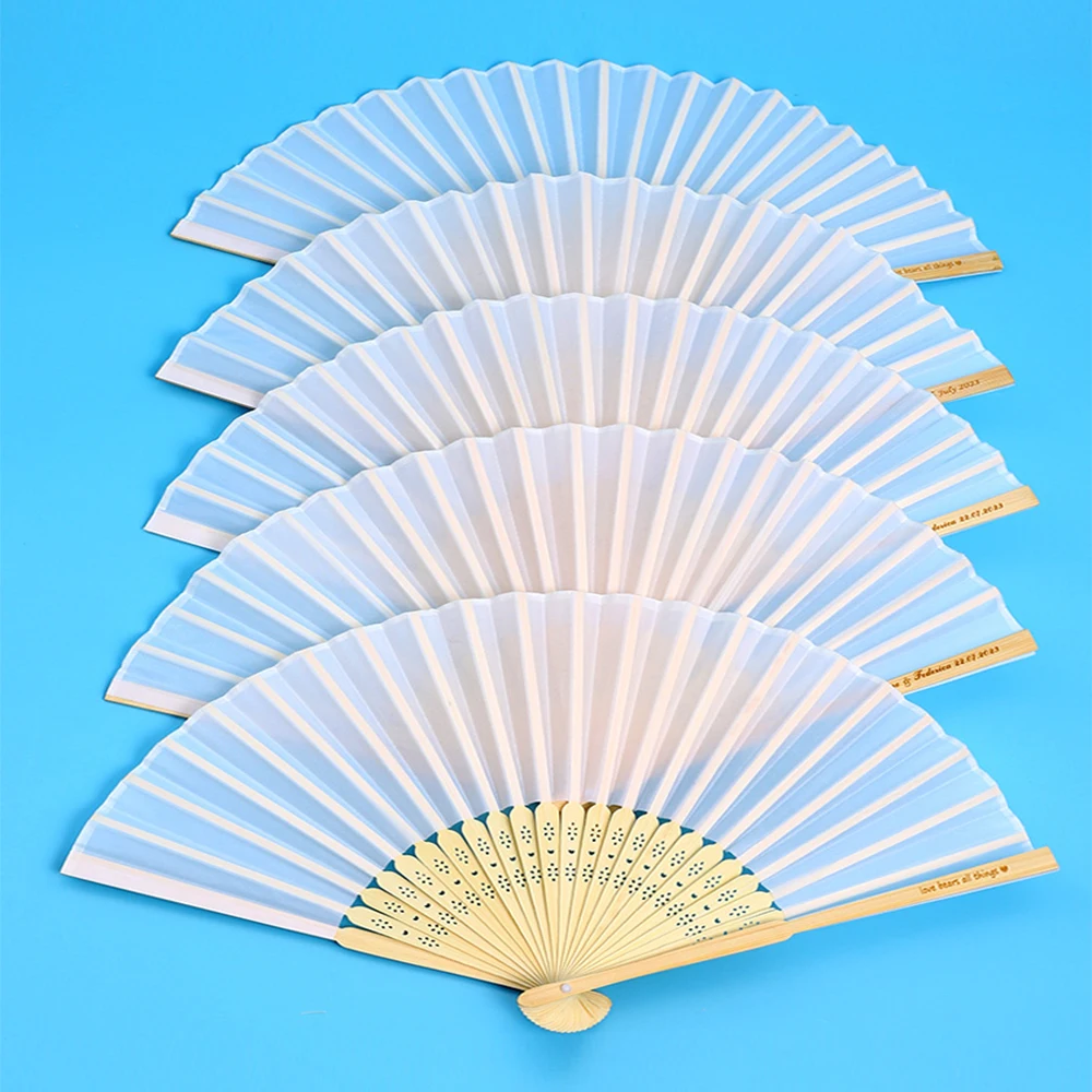 Folding Fan 20 /80 PCS Personalized Engraved White Folding Silk Hand Fan with Gift bag Wedding & mariage abanicos para boda
