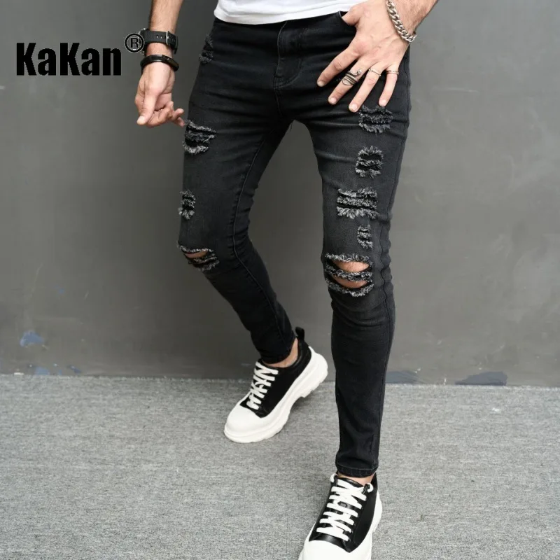 Kakan - European and American New Worn Knee Stretch Jeans for Men, Tight Black Casual Feet Slim Fit Pants K49-2008