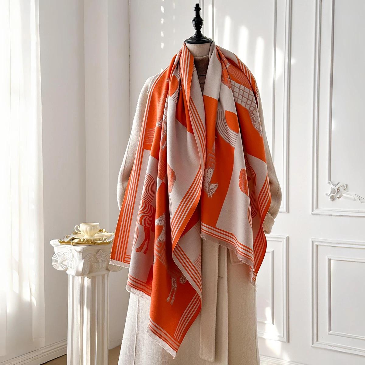 Brand Fashion Women's Winter Cashmere Shawl - Vintage Floral Printed Tasseled Oil Painting Style Pashmina Thick Wrap & Echarpe