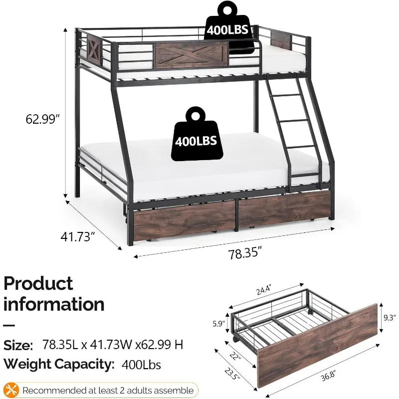 Double Bed, Full Size, 2 Storage Drawers/flat Steps/inclined Ladders, Heavy Duty Metal Plate Support, No Box Spring Required 3