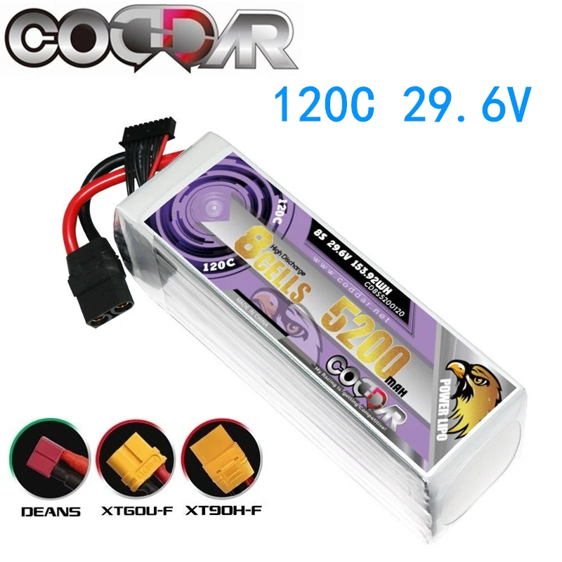 

Аккумуляторная батарея CODDAR 8S 29,6 в 120C 5200 мАч для FPV-дрона, радиоуправляемого квадрокоптера, вертолета, самолета, хобби, лодки, радиоуправляемого дрона, литий-полимерная батарея 8S