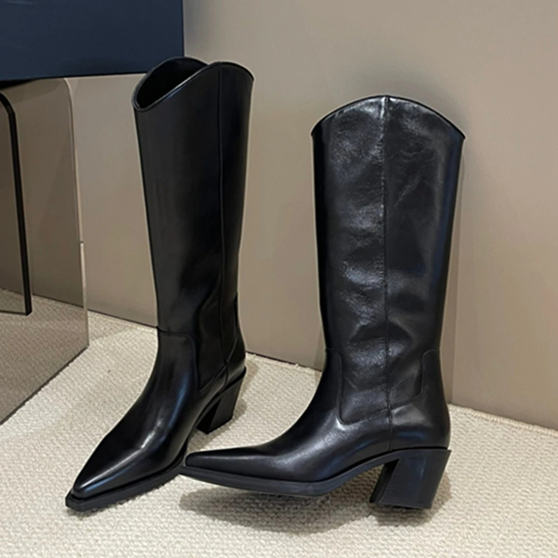 

Elmsk Autumn and Winter Genuine Leather Knight Boots Fashion Ladies Vintage Cowhide High Heel Straight High Boots Women