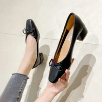 2024 Spring French Bow Square Head Shallow Mouth High Heels Fashion White Non-slip Comfort Large Size Shoes for Women 41 Heels 1