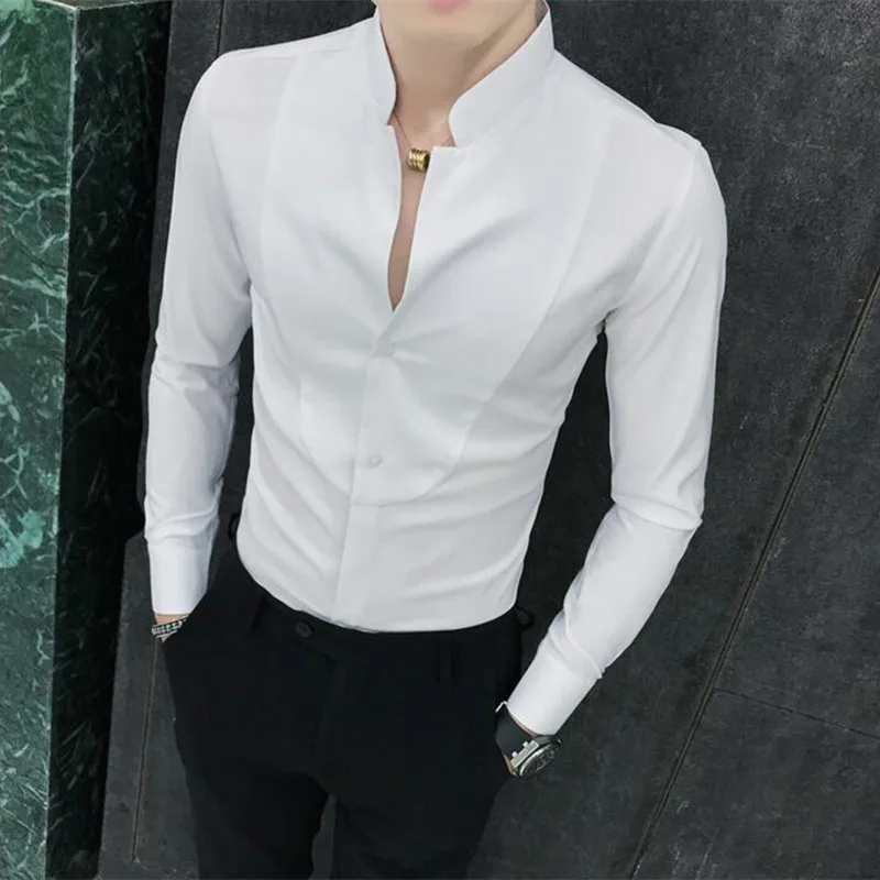 Camisas de cuello alto para hombre, ropa elegante para negocios, boda, graduación, fiesta, esmoquin, Tops de Color puro negro/rojo/blanco|Camisas vestir| - AliExpress