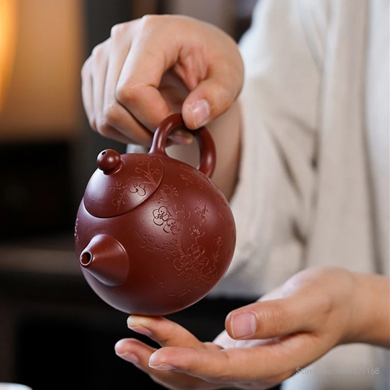 Chinese Style Plum Blossom Pattern Teapot, Purple Clay Raw ore Dahongpao, Kung Fu Household, Pure Handmade, 220ml, Tea Pots, 1Pc