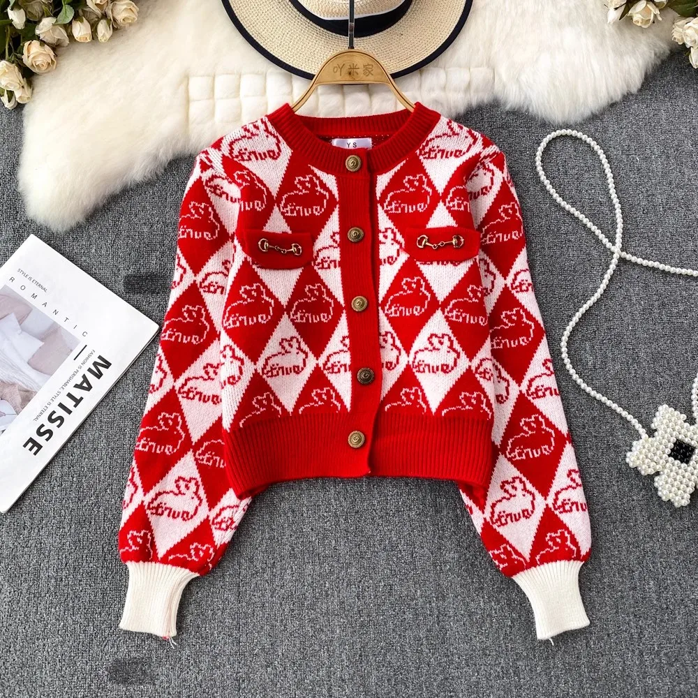 

Vintage Women O Neck Chain Rabbit Argyle Jacquard Knitted Cardigan Autumn Winter Long Sleeve Single Breasted Short Sweater Coat