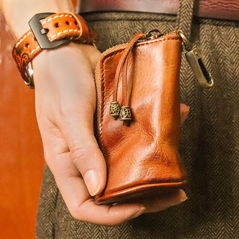 Vintage Handmade Leather Key Case Male Vegetable Tanned Leather Waist Padlock Key Case New Personalized Bucket Small Coin Purse