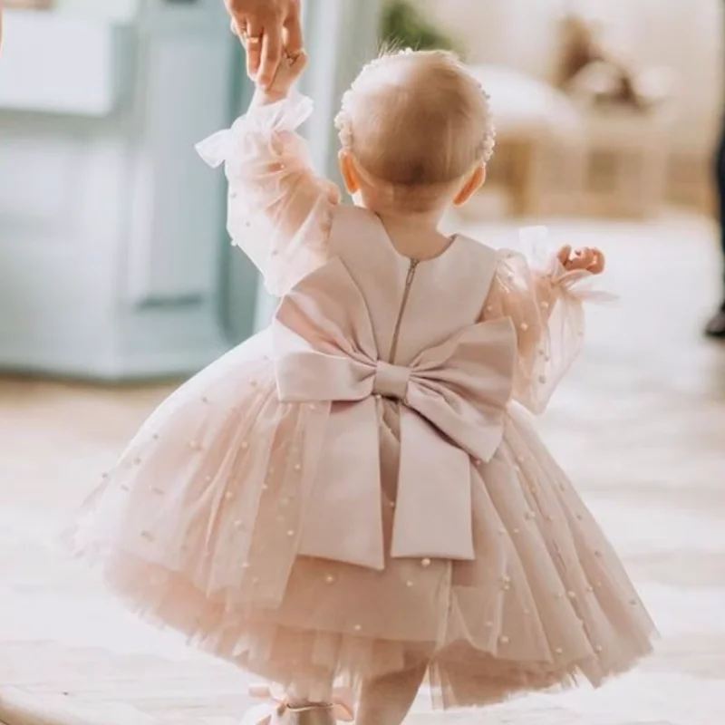 Flower Girl Dresses Dusty Pink Tulle Puffy Pearl Skirt With Bow