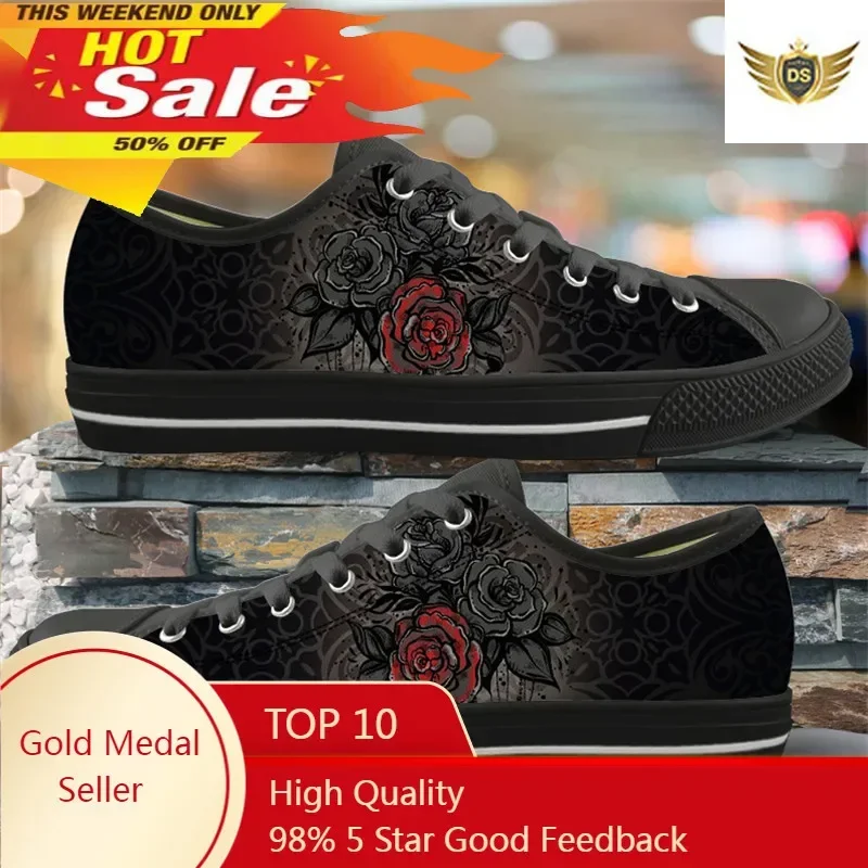 Hot Sale Gothic Rose Pattern Vulcanized Sport Shoes For Women Men Canvas Low Top Flat Shoes Casual Breath Sneakers For Teenagers