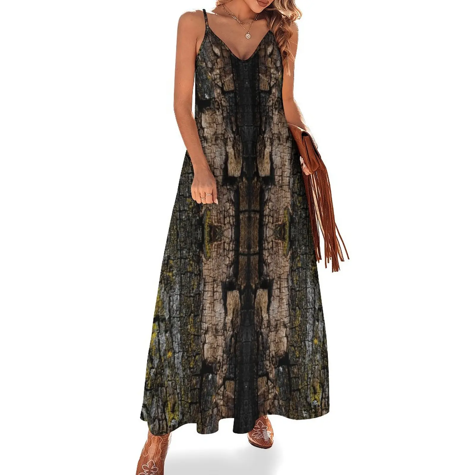 

Cool Brown wood bark with yellow lichen camo texture pattern (Photo of wood) Sleeveless Dress cocktail dresses