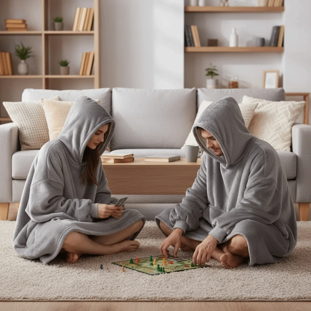Loose Sweatshirts Warm Flannel Robe Oversize Long Sleeve Hooded Pajamas Comfortable with Pocket Couples Wearable Robe Home Wear