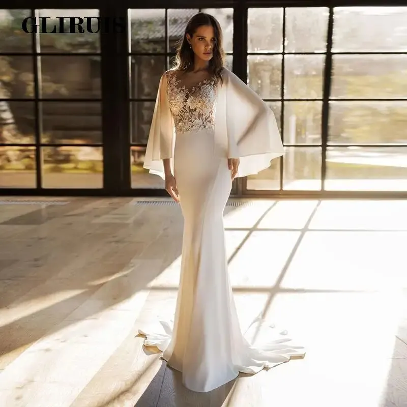 

Sexy Mermaid Wedding Dresses 2022 O-Neck Cape Sleeves Appliques Boho Robe De Mariee Custom Made Women Bridal Gown Elegant Civil