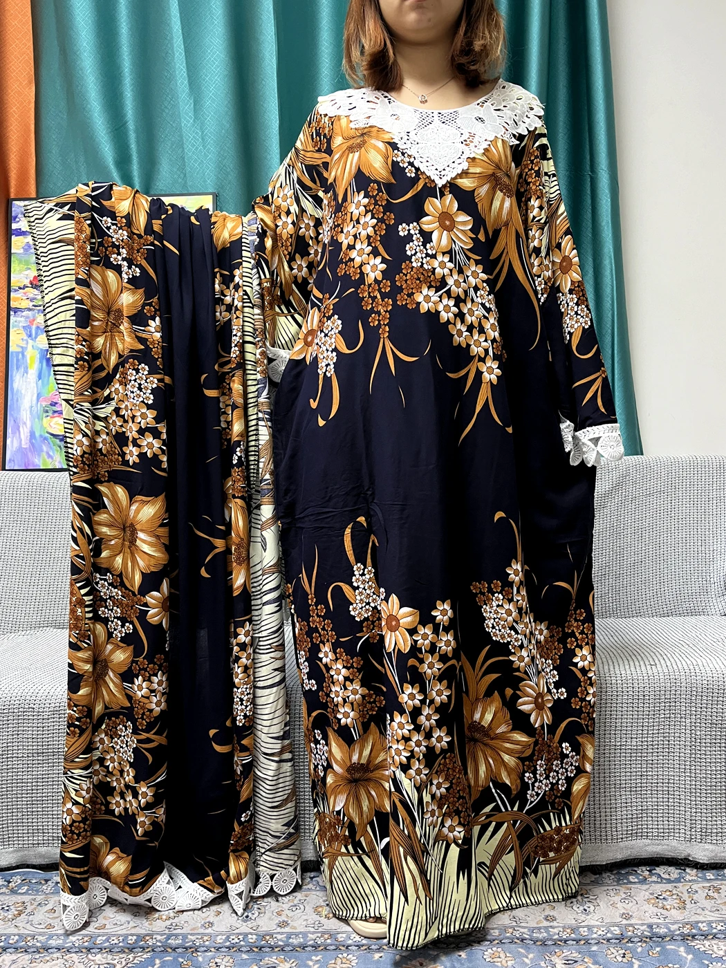 Muslim Abayas For Women 2024 Floral Cotton Lace Appliques Loose Femme Robe African Traditional Dresses With Big Shawl Scarf