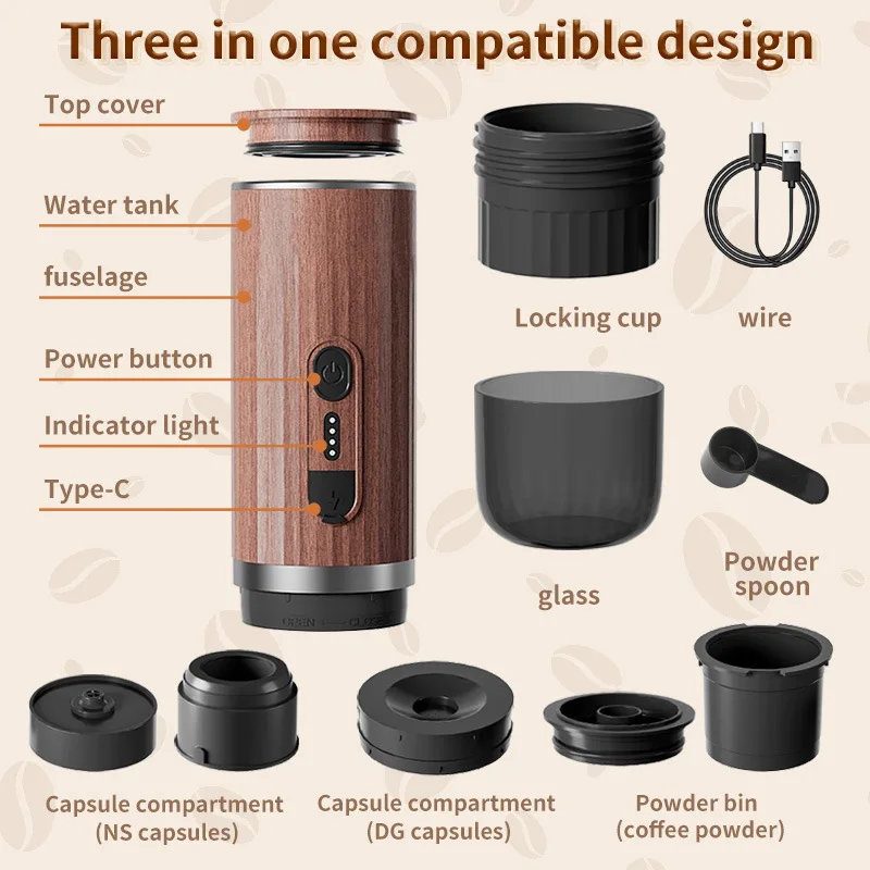 Wireless Heating Coffee Machine Car Portable Italian Automatic Multi-function Espresso Machine 3-in-1 Capsule Coffee