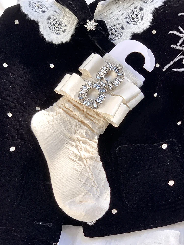 Handmade Square Rhinestone Twist Bunching Stockings All-Match Mid-High Tube Sweet Women's Soft Comfort Socks Knee High Socks