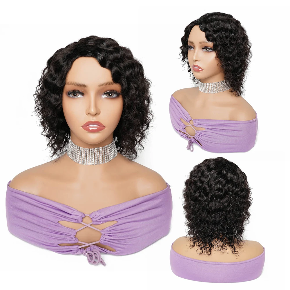 Remy Human Hair Wigs Machine Made Natural Color Ombre Blonde Burgundy Deep Wave Short Hair Style