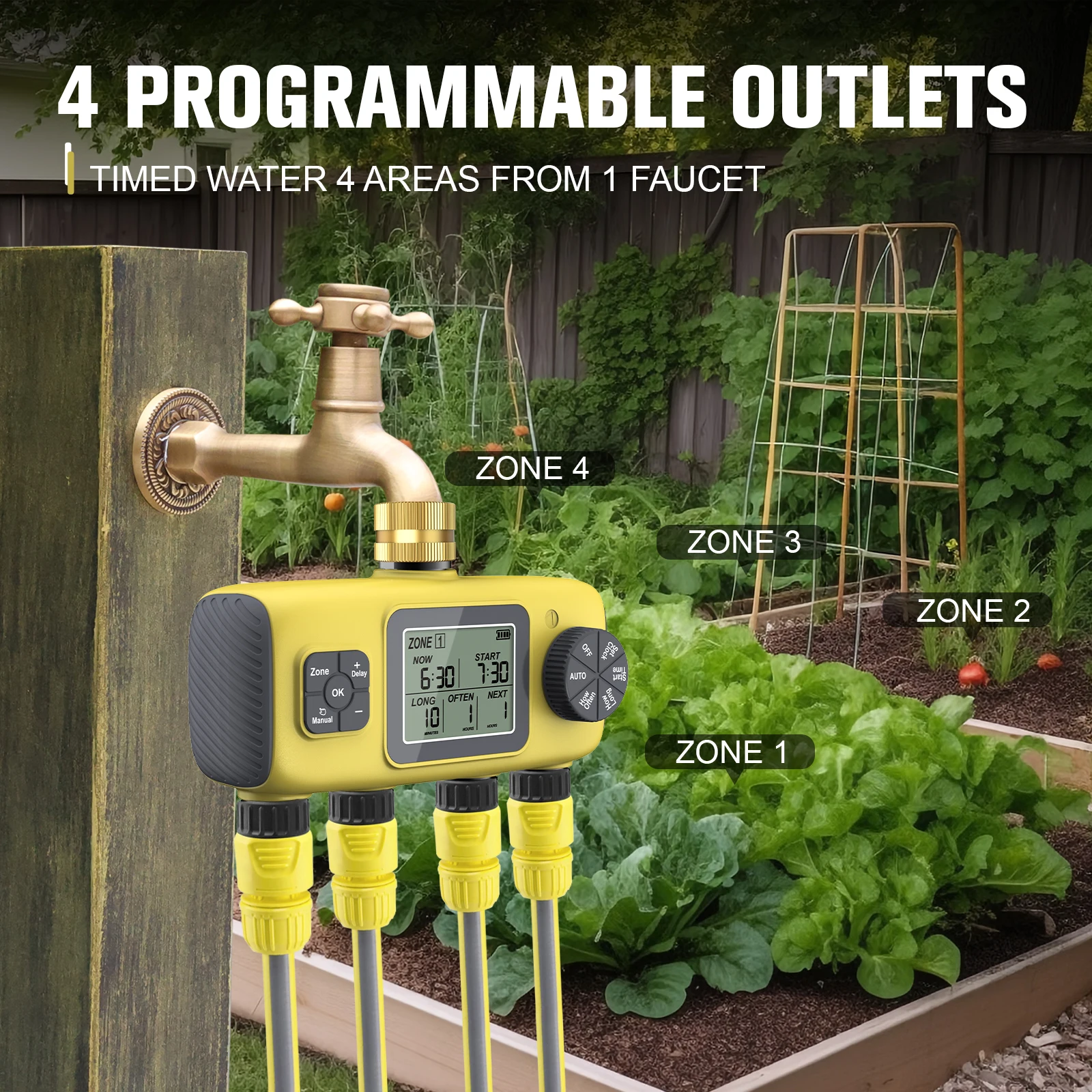 Water Timer for Garden Hose 4 Zone/3 Zone Rain Delay Irrigation Controller Progr