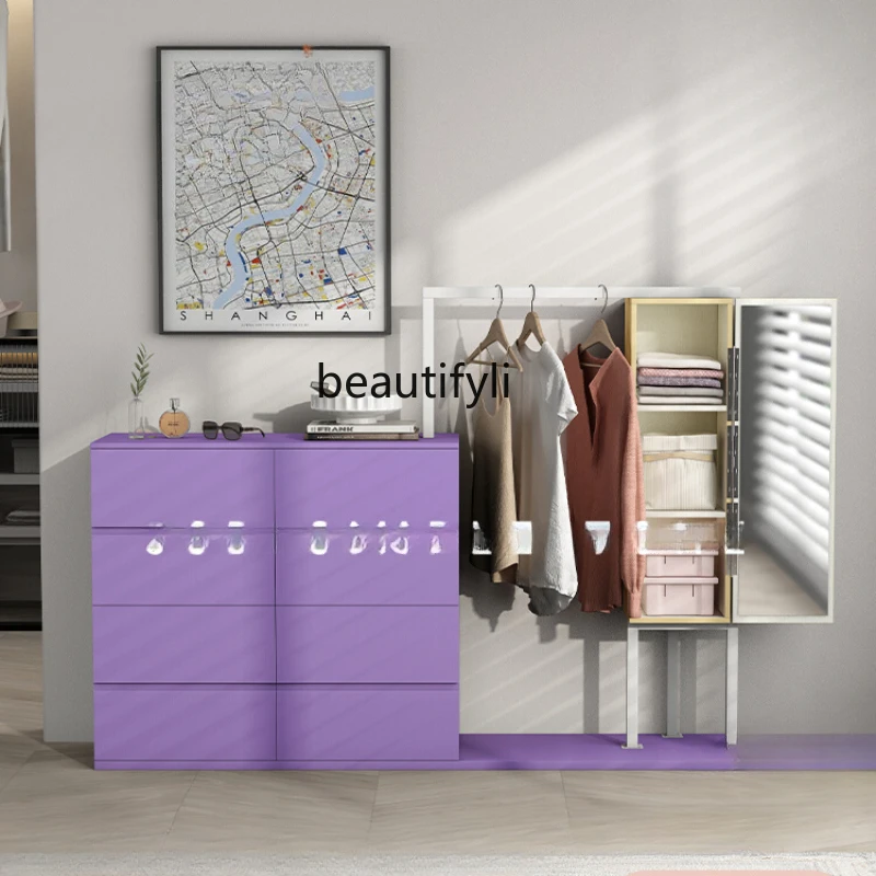 

Multi-Functional Floor Chest of Drawers Coat Rack Solid Wood Storage Rack Bedroom Hanger with Mirror