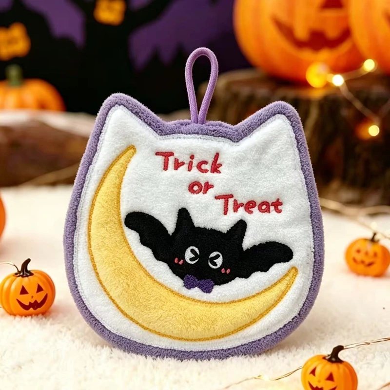 Black Cat Cartoon Hand Towel - Soft & Absorbent Coral Fleece for Kids - Halloween Pumpkin Design for Bathroom & Kitchen Use