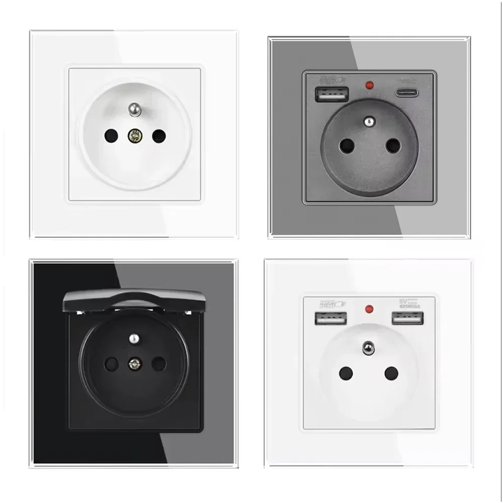 SRAN ภาษาฝรั่งเศสคํา usb wall socket 5V 2.1A, แผงคริสตัลกระจกนิรภัย 16A 220V 82*82 มม. ซ็อกเก็ตไฟฟ้าฝรั่งเศสมาตรฐานพร้อมฝาครอบ 1