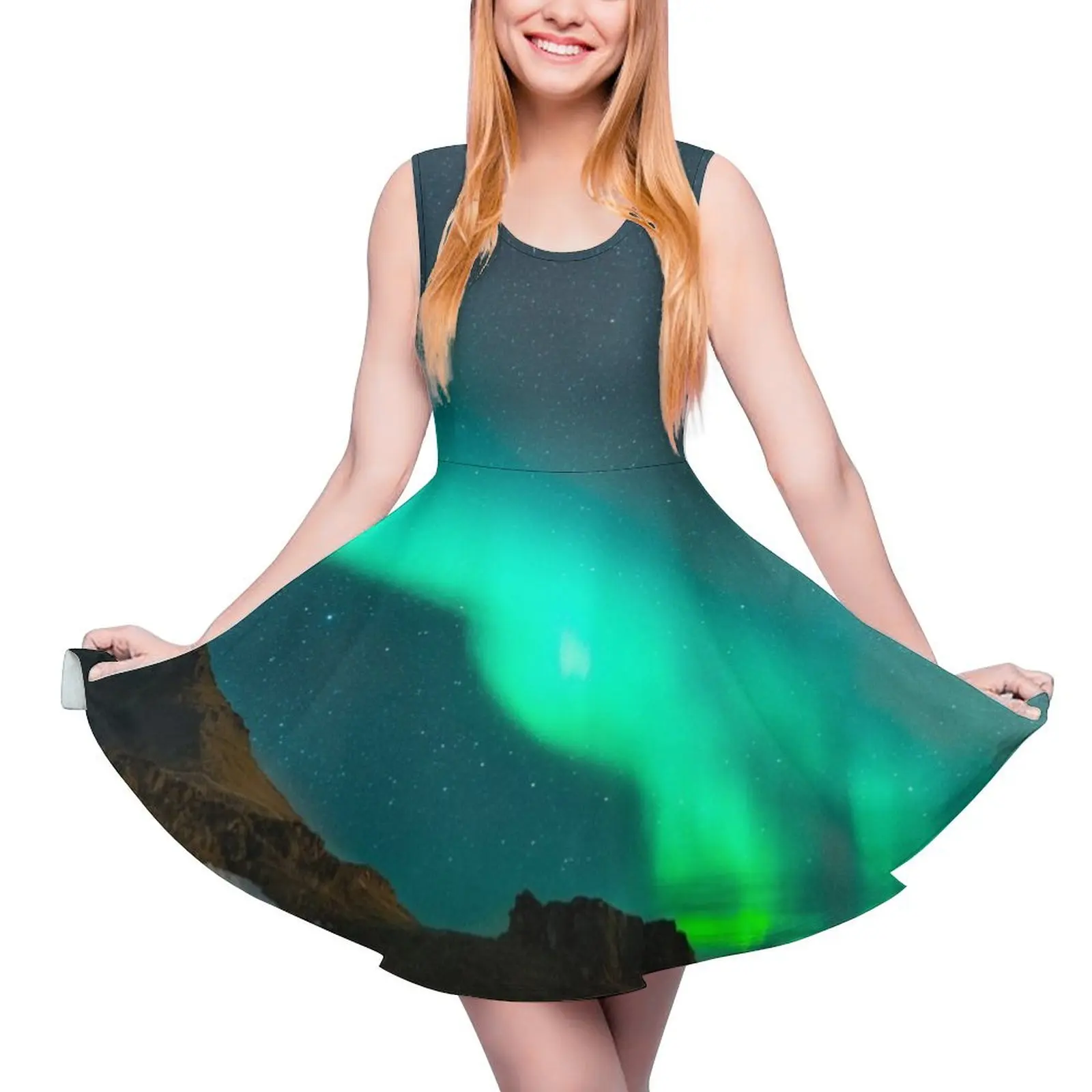 

northern lights trail above snowed mountain mixed with the stars Round Neck Dress Dress for girls evening dress women