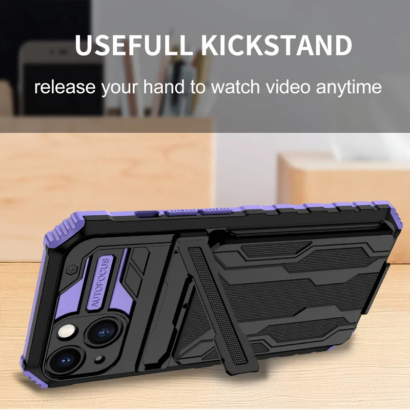 Slide Wallet Card Slot Holder Armor Phone Case For iPhone 15 14 13 12 11 Pro Max XS X XR 8 7 Plus Shockproof Bracket_voghion.com