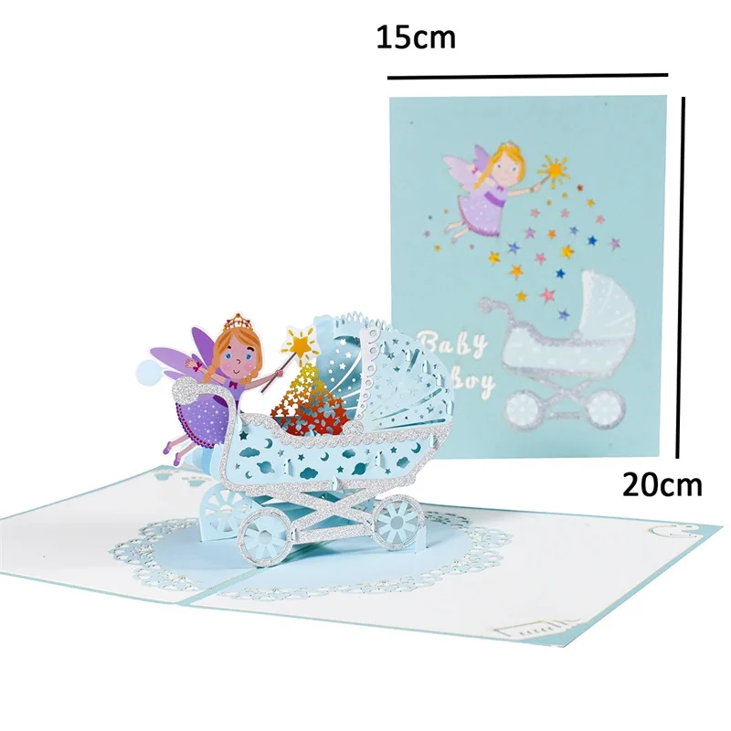 1st First Birthday Gift Card For Newborn 3D Baby Carriage Little Fairy Greeting Cards For Baby Shower Invitation Pink Blue