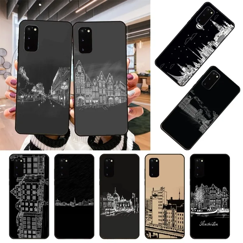 Custodia Per Telefono Da Città Disegnata A Mano Per Samsung Galaxy S6 S7 S8 S9 S10 S21 S22 Plus Cover Per Telefono Nera Ultra Morbida