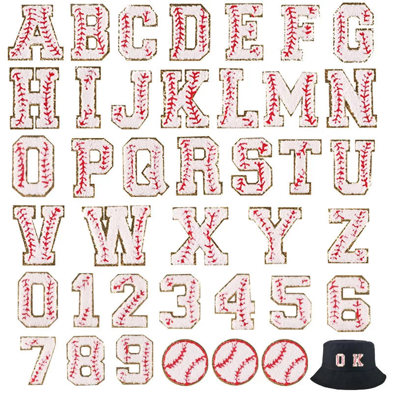 Baseball Chenille Letters Patches Sequins Edge Towel Embroidered Iron on Felt Alphabet Heat-adhesive Appliques for Clothes DIY